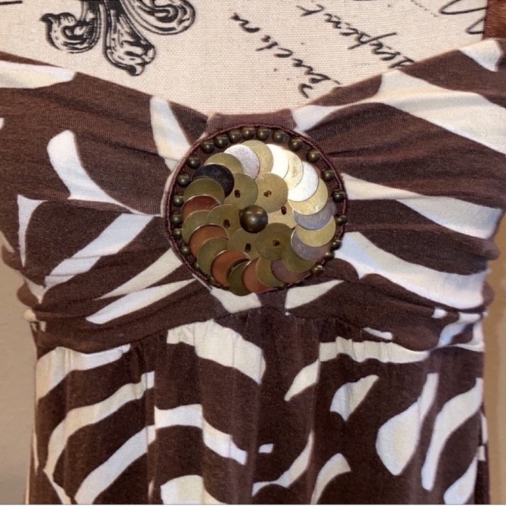 Nine West tropical strappy dress (S) brown/ivory jersey metallic - Picture 3 of 7